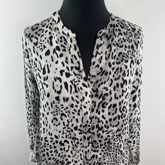 JOIE Purine Gray Black Top Silk Leopard Split Neck Balloon Sleeve Size XSmall XS - Picture 3 of 14